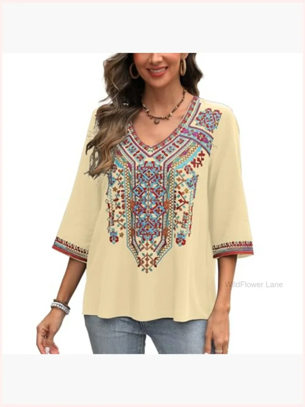 Boho Embroidered V-Neck Tunic Blouse Peasant Hippie Top - Picture 2 of 6